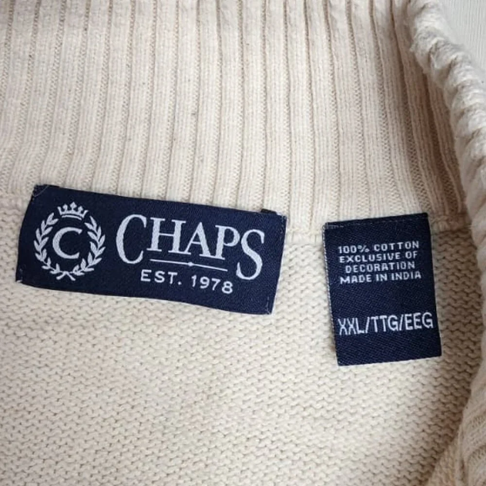 Chaps Men’s XXL Cotton Mock Neck Sweater Cream Elbow Patches Button Pullover